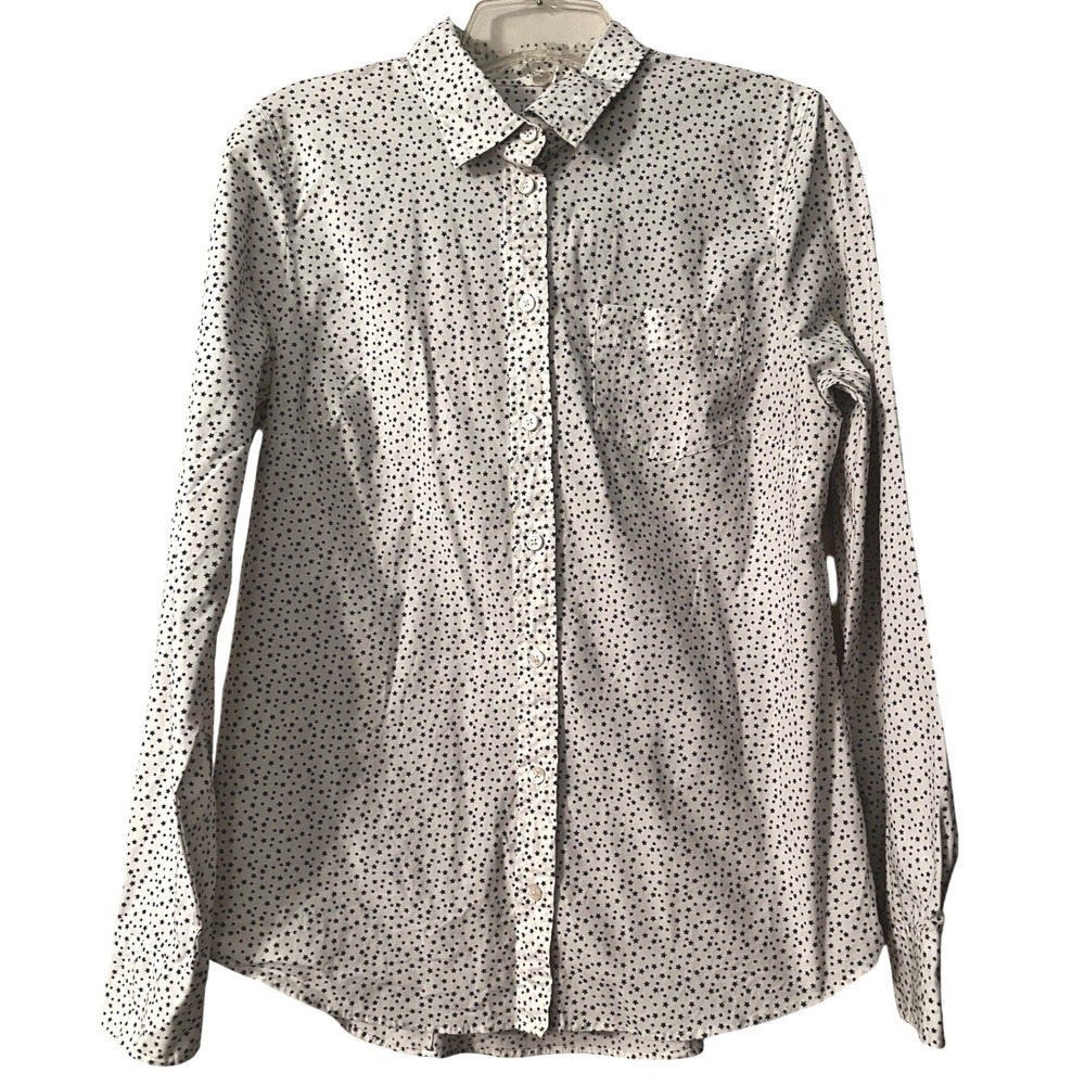 J. Crew White‎ Black Star Print Button Down Shirt Long Sleeve Cotton Blend Top